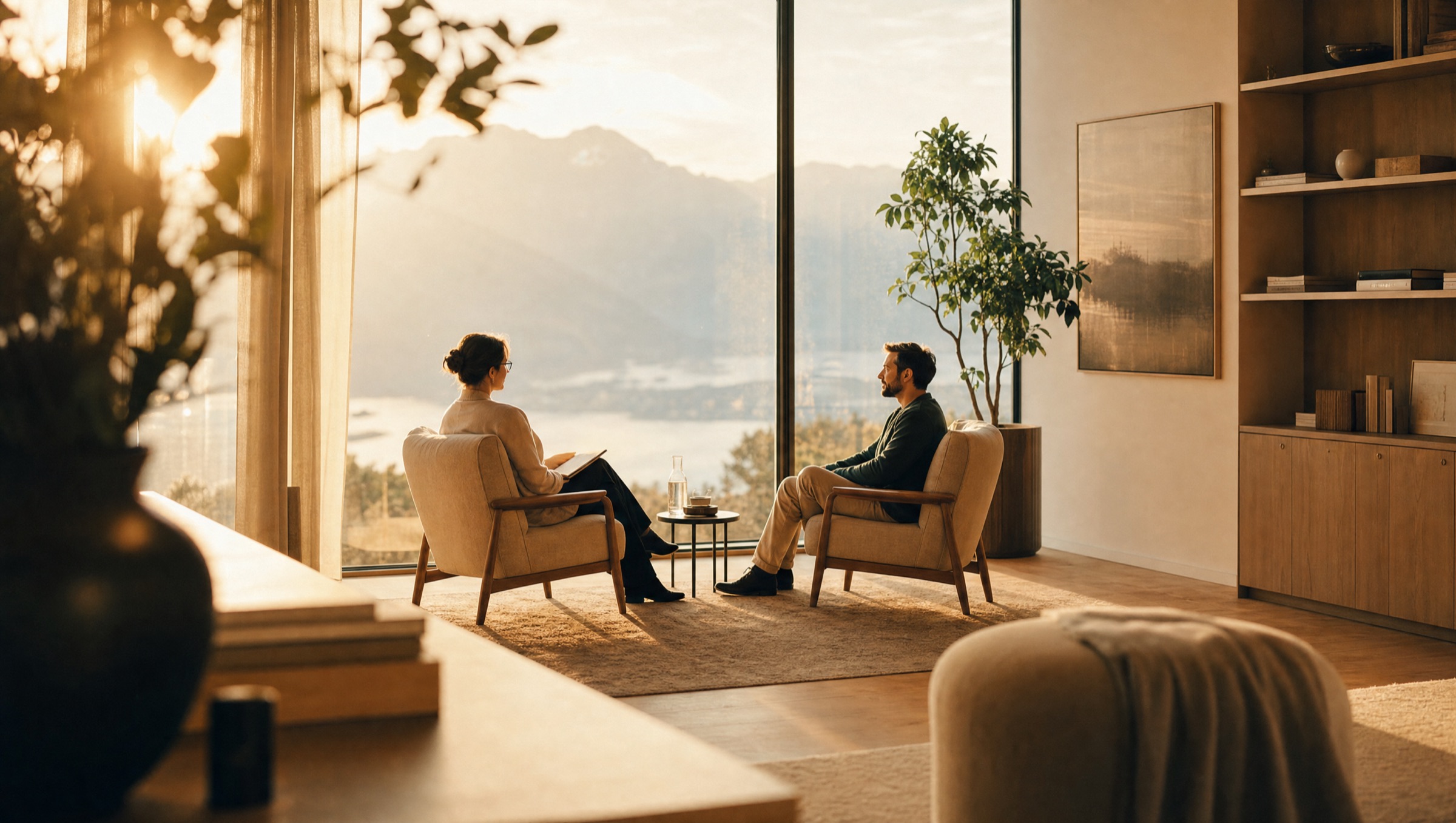 Therapiegespräch in warmem Morgenlicht, authentisches Marketing für Praxen und Coaches