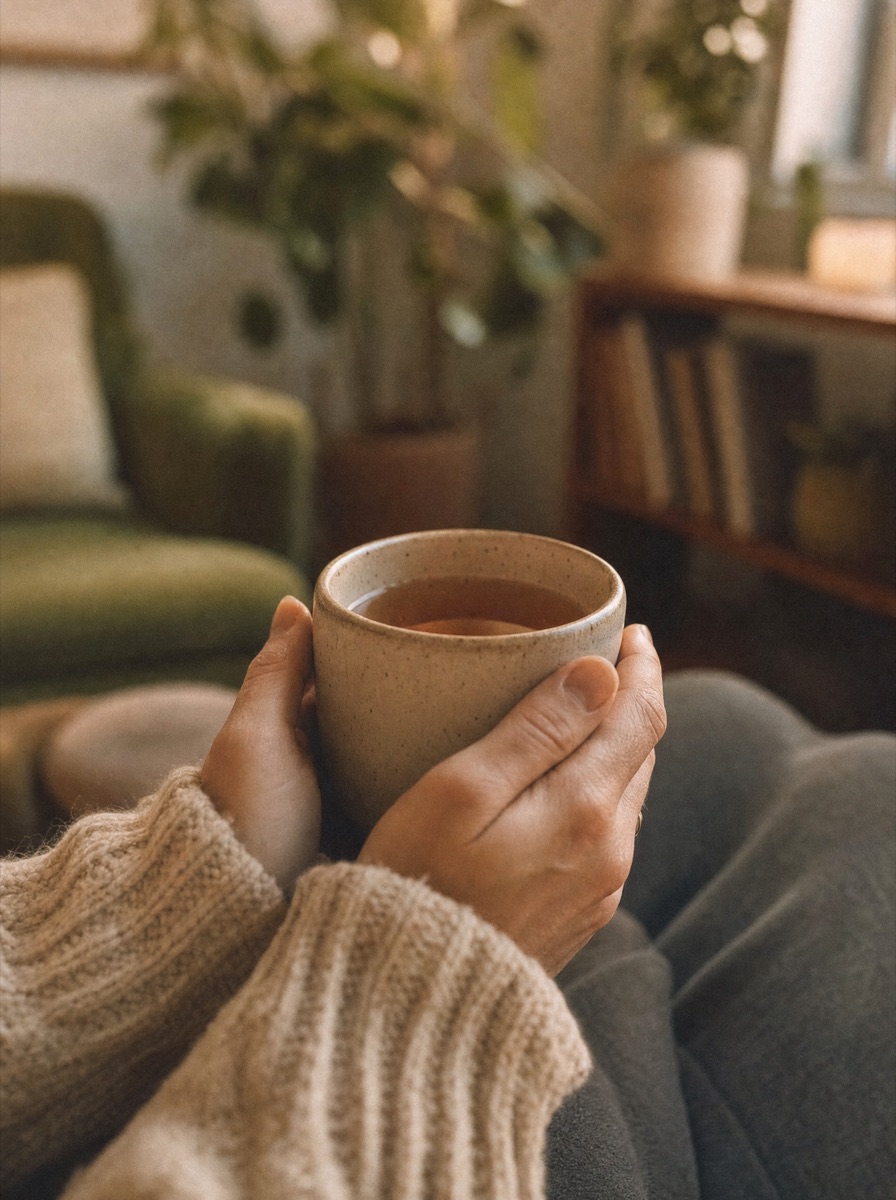 Hände halten eine warme Tasse Tee, Vertrauen und Wärme