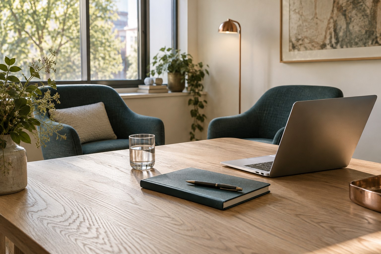 Heller Arbeitsraum mit Schreibtisch, Notebook, Pflanzen und zwei Sesseln